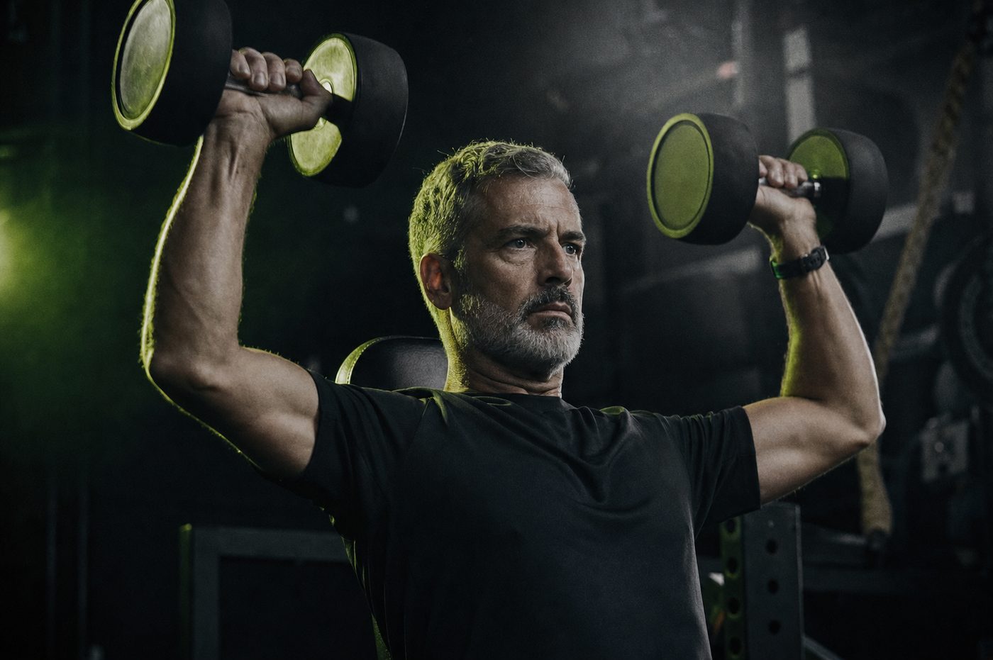 Client pressing dumbbells